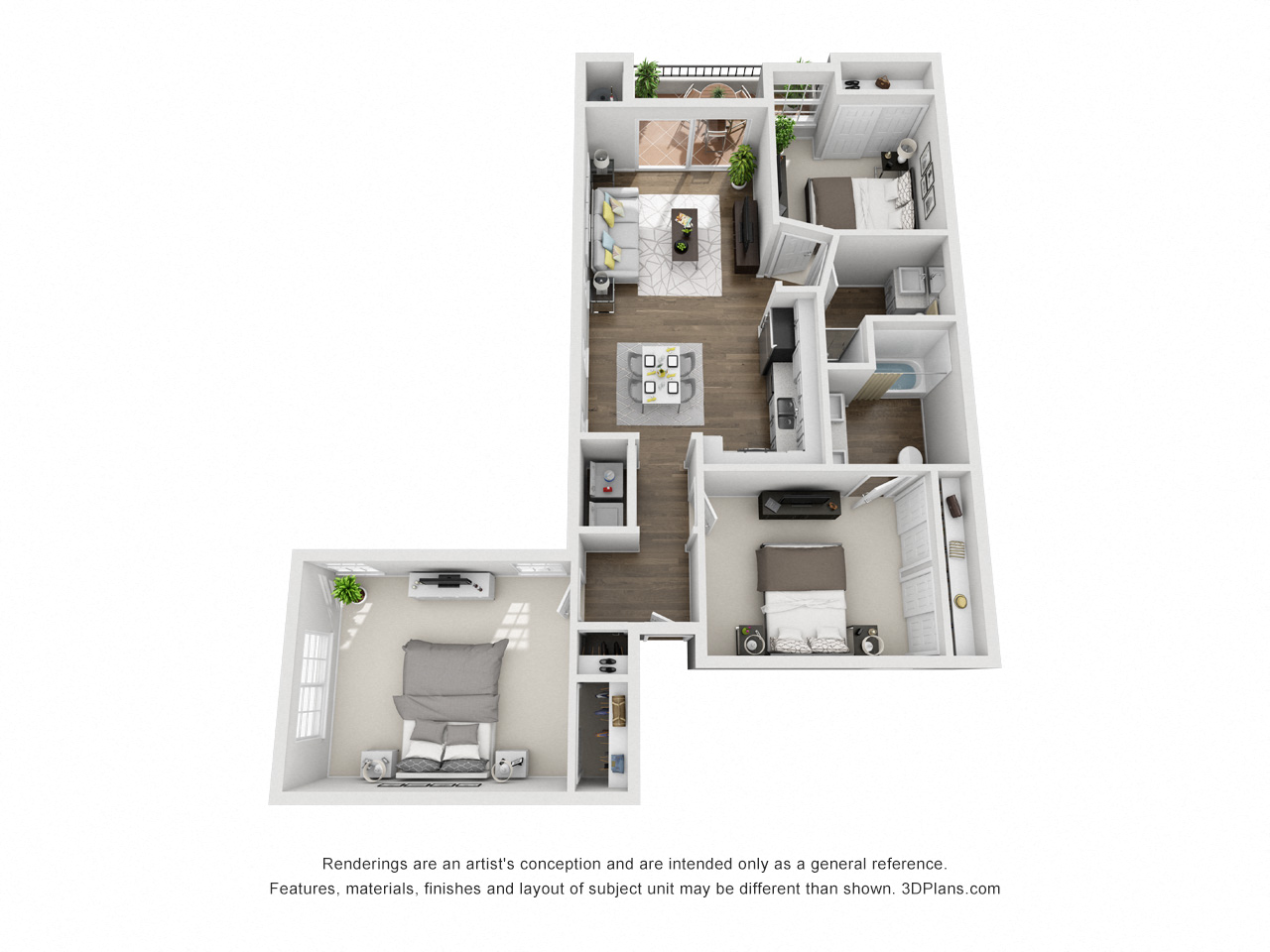 Floor plan for 3 beds, 2 baths, 1055 sqft